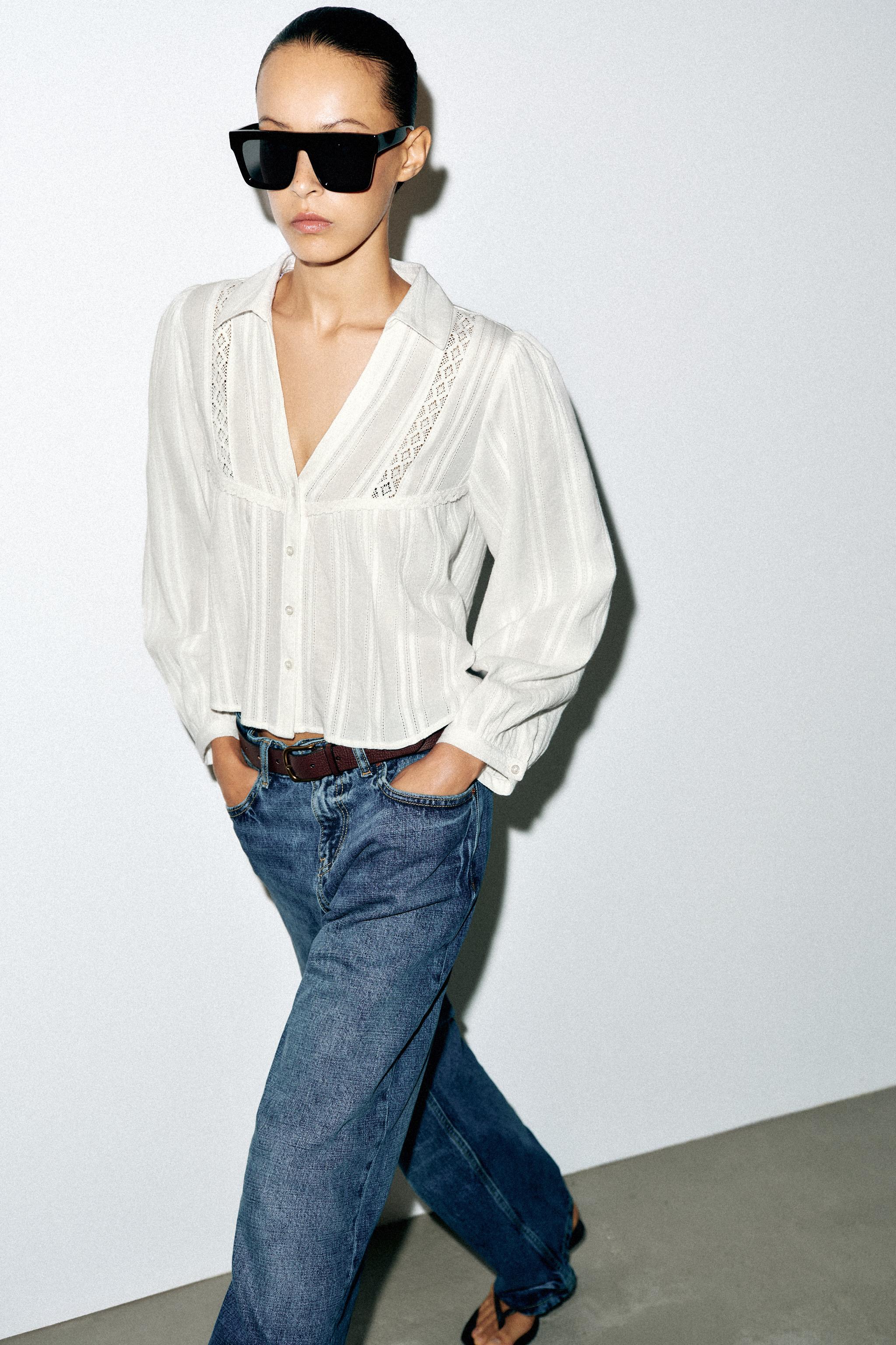 Женские рубашки Zara CROPPED LACE-TRIM SHIRT — фото 3