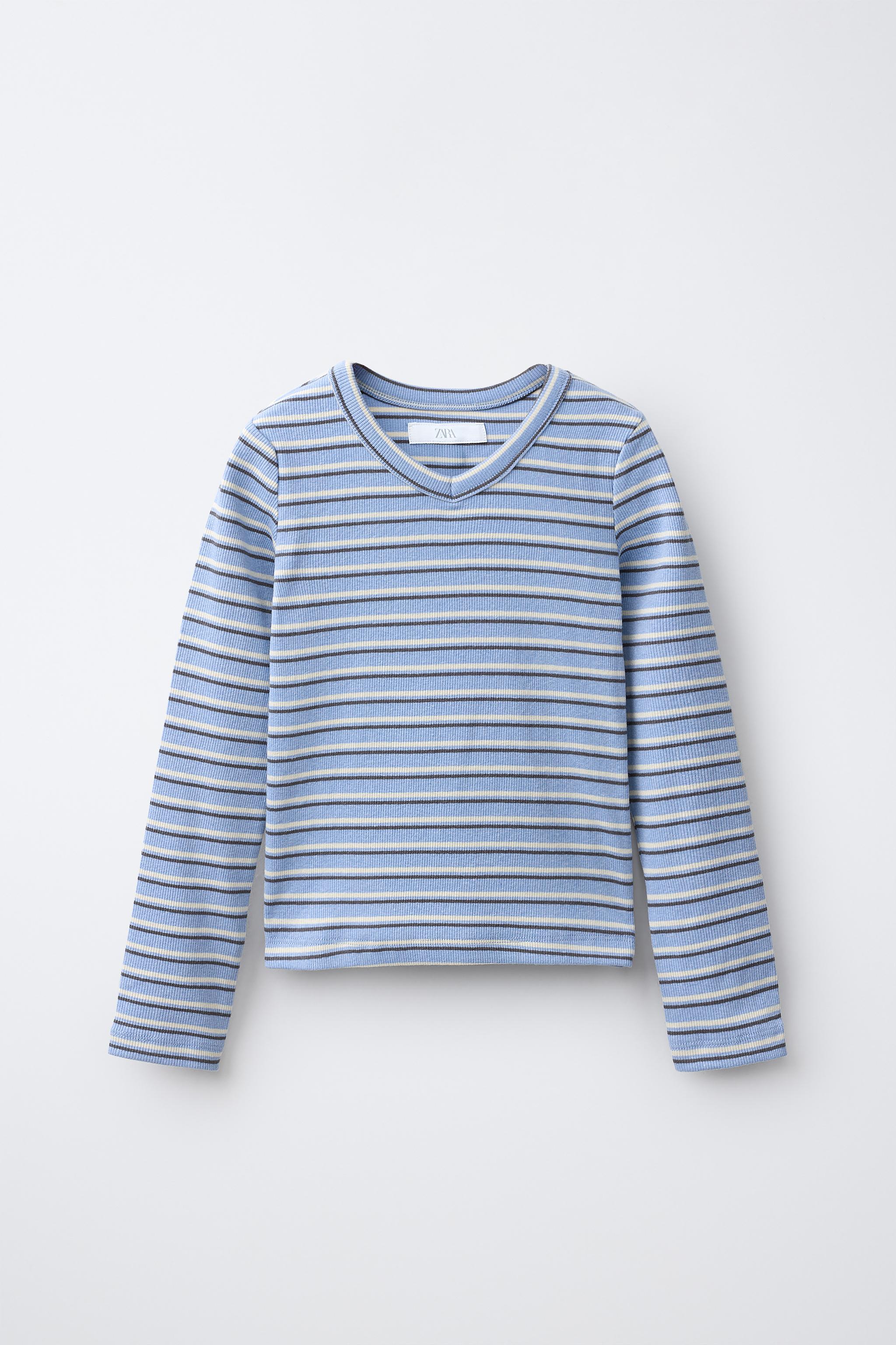STRIPED RIBBED V-NECK T-SHIRT