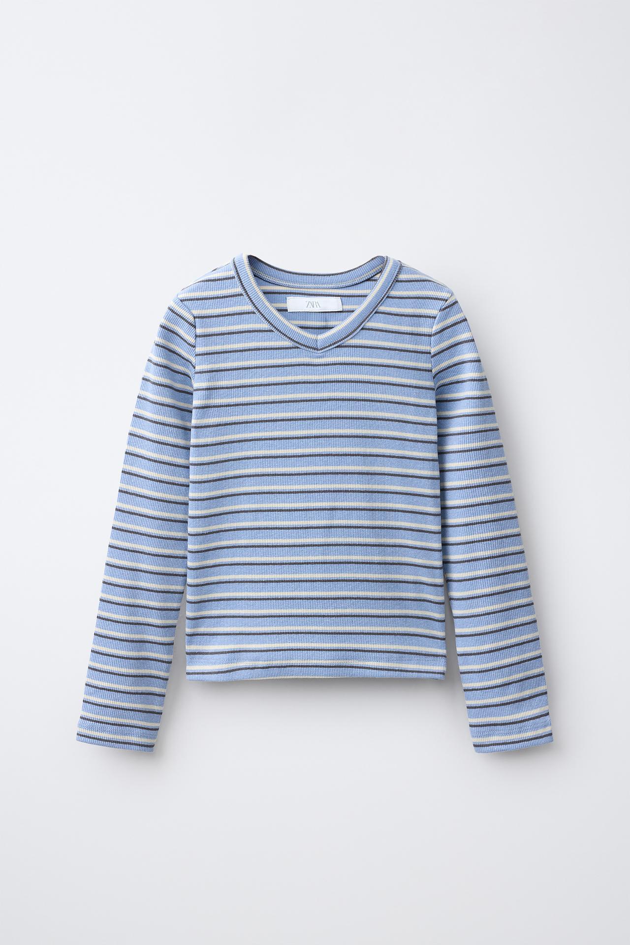 STRIPED RIBBED V-NECK T-SHIRT — Striped