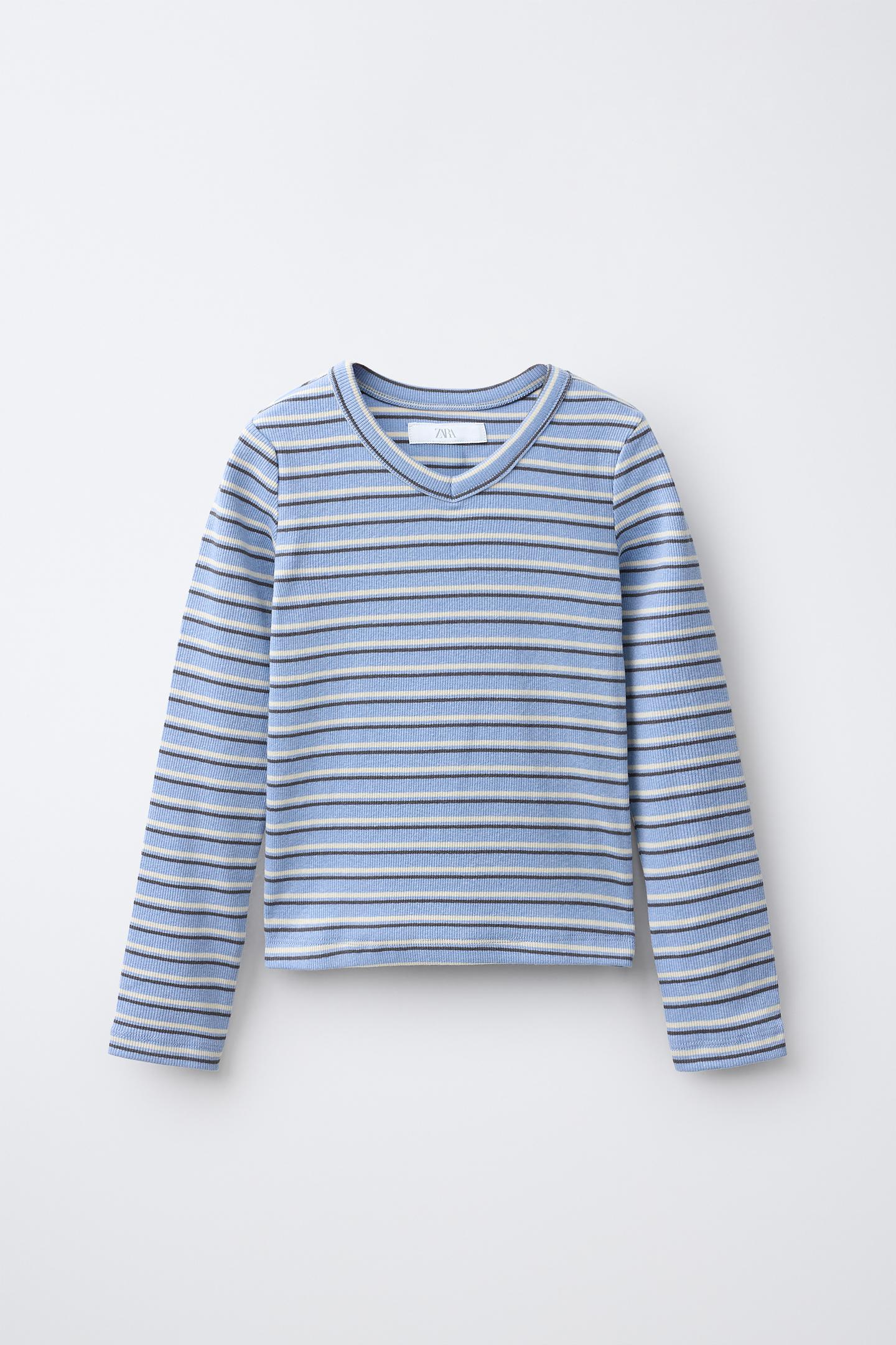 Детская футболка Zara Striped Ribbed V-NECK, цвет: Полосатый — фото 2