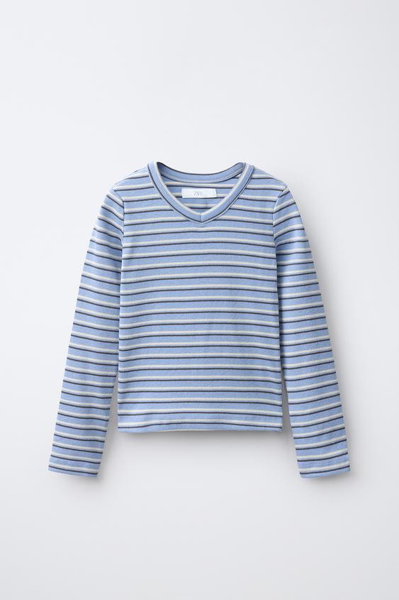 ÁO PHÔNG VẢI GÂN CỔ CHỮ V KẺ NGANG - Stripes từ Zara - Hình ảnh 0