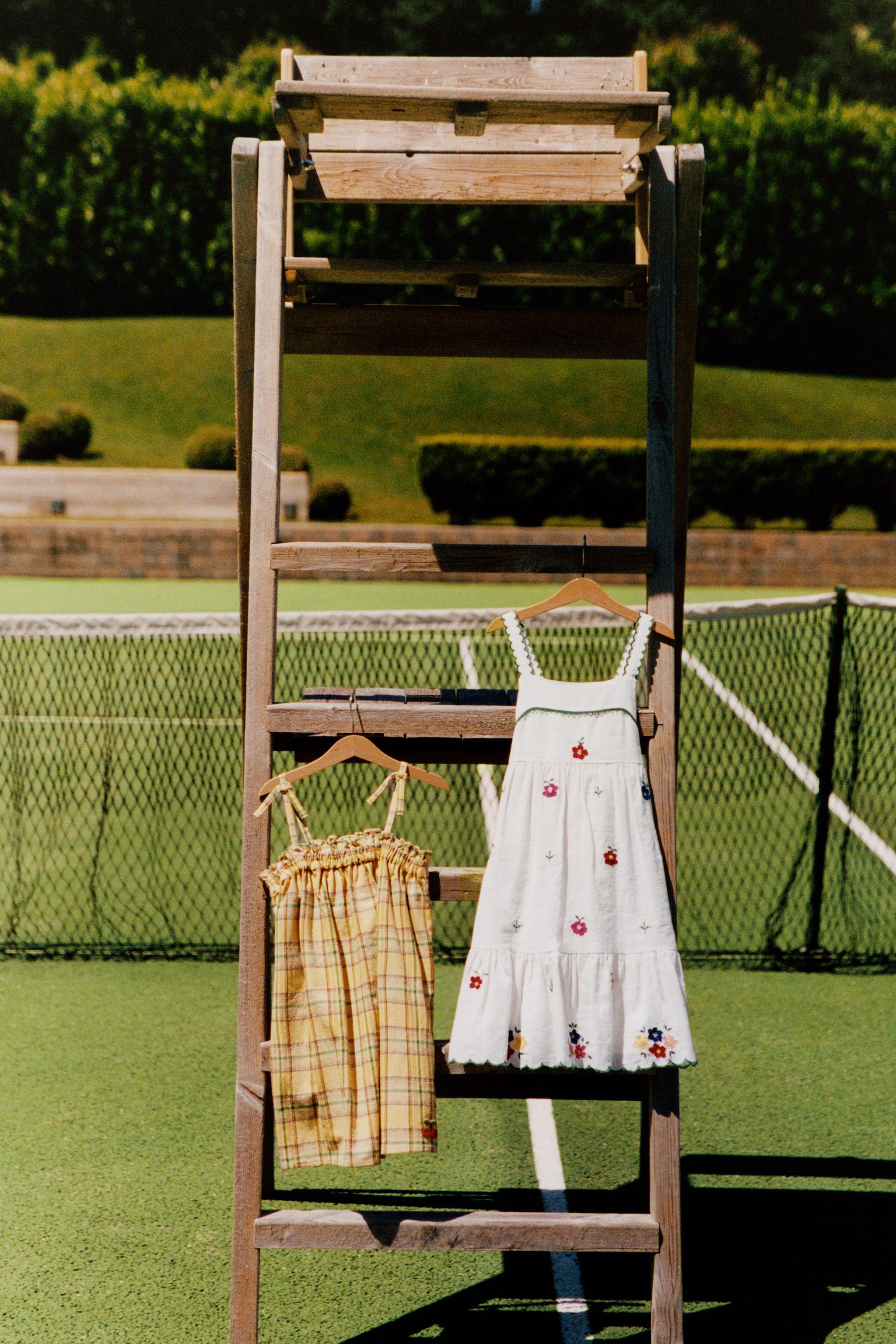 EMBROIDERED CHECK TEXTURED DRESS — Yellow