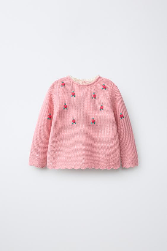 FLORAL AND LACE EMBROIDERED KNIT JUMPER - Light pink by Zara - Image 0