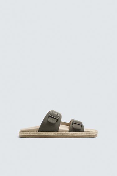 Zara DOUBLE STRAP LEATHER SANDALS - Taupe Gray