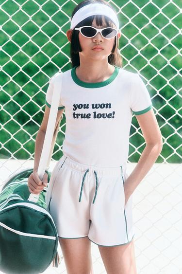 RIBBED T-SHIRT WITH CONTRAST SLOGAN - Sea green by Zara