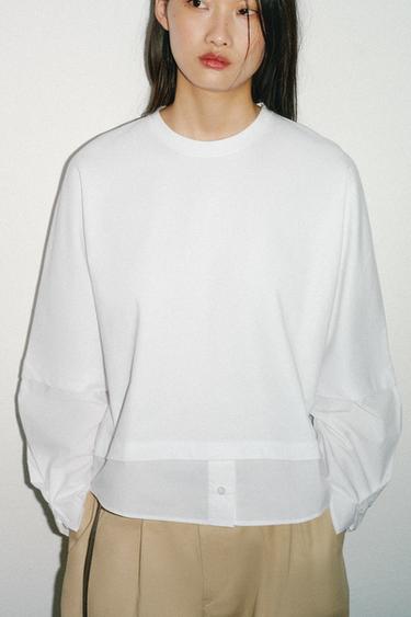ポプリン切替TシャツホワイトZaraのポプリン切替Tシャツ - ホワイト
