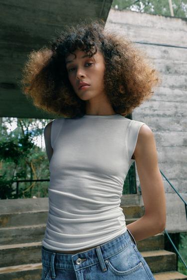 Zara SIDE RUCHED TOP - Oyster-white