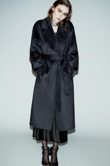 Zara LONG WOOL COAT WITH BELT - Dark gray