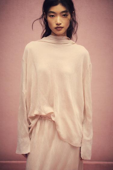 KNIT JUMPER WITH CRINKLE EFFECT BOW - Beige-pink by Zara