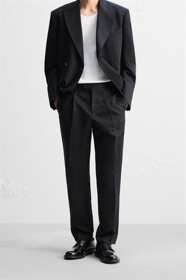 Zara 亞麻棉質人字紋長褲 - 海藍色