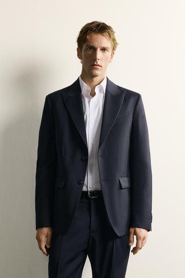 100% WOOL PINSTRIPE REGULAR FIT SUIT BLAZER - Navy blue by Zara