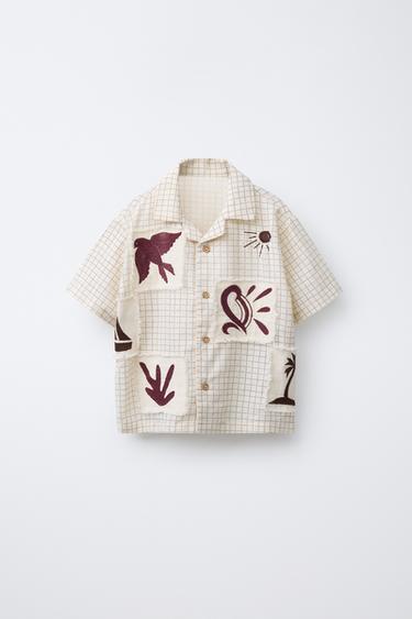 CHECK SHIRT WITH PATCHES - Brown / Ecru by Zara - Image 0