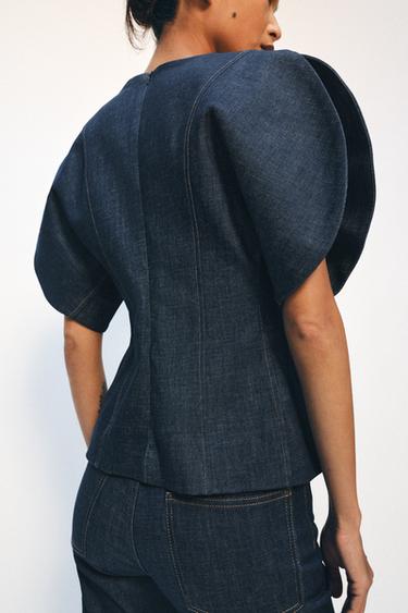 ZW COLLECTION DENIM PUFF SLEEVE BLOUSE - Blue by Zara