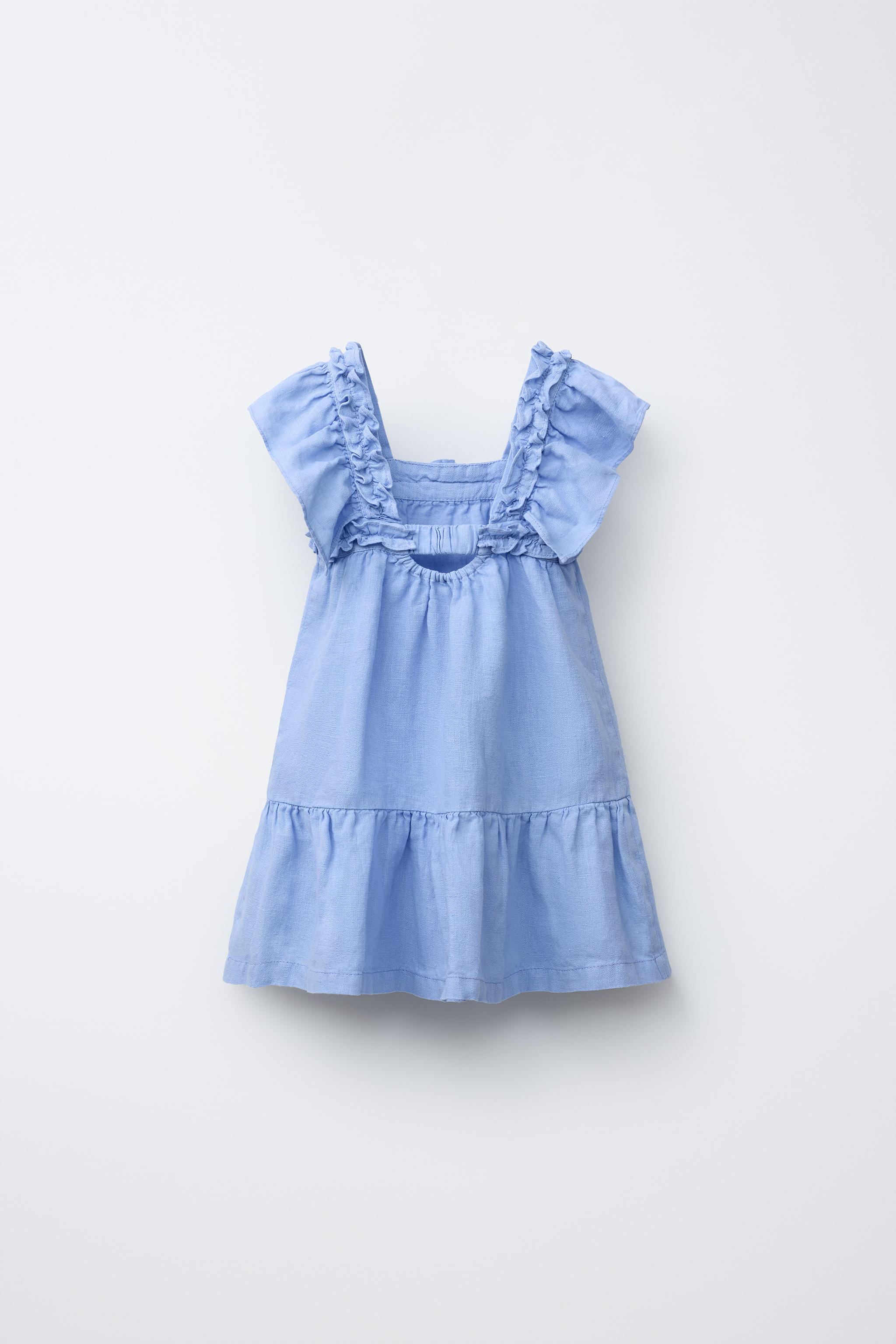【ZARA】リネンフリルストラップ付きワンピース 7953/757/406 リネンフリルストラップ付きワンピース - ライトブルー | ZARA