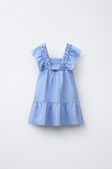 ROBE 100 % LIN À VOLANTS - Bleu de Zara - Image 1