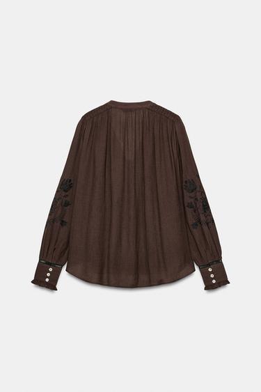 EMBROIDERED LACE TRIM SHIRT - Brown by Zara - Image 7