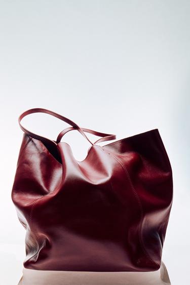 Zara LEATHER SHOPPER BAG - Red
