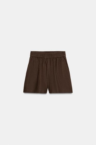 SHORT EN LIN À TAILLE ÉLASTIQUE - Marron de Zara