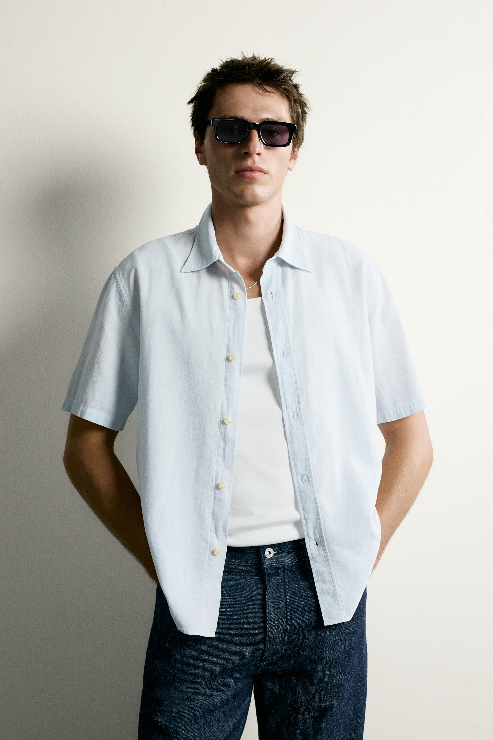 COTTON LINEN BLEND REGULAR FIT SHIRT — Sky blue