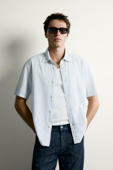 COTTON/LINEN REGULAR FIT SHIRT - Sky blue by Zara