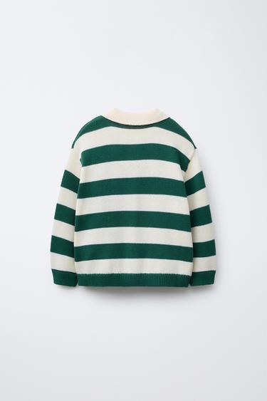 STRIPED POLO SWEATER - Ecru / Green by Zara - Image 1
