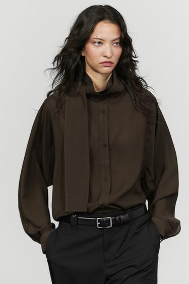 Semi-sheer shirt with tie detail — Brown 2