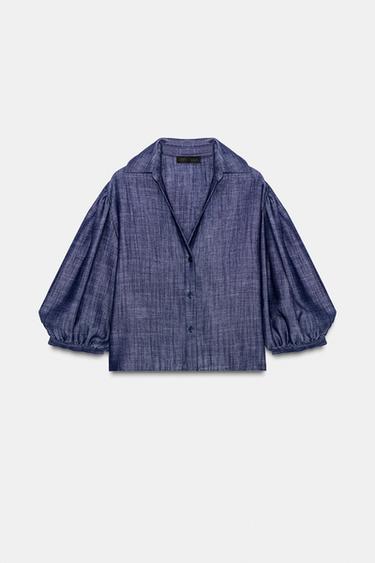 Zara LINEN PUFF SLEEVE SHIRT - Indigo