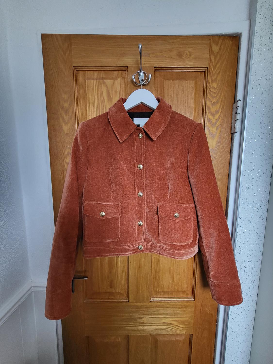 Terracotta velvet jacket with gold buttons and pockets, hanging on a white hanger over a wooden door.