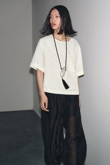 ZW COLLECTION LINEN SHORT SLEEVE TOP - Ecru by Zara - Image 3