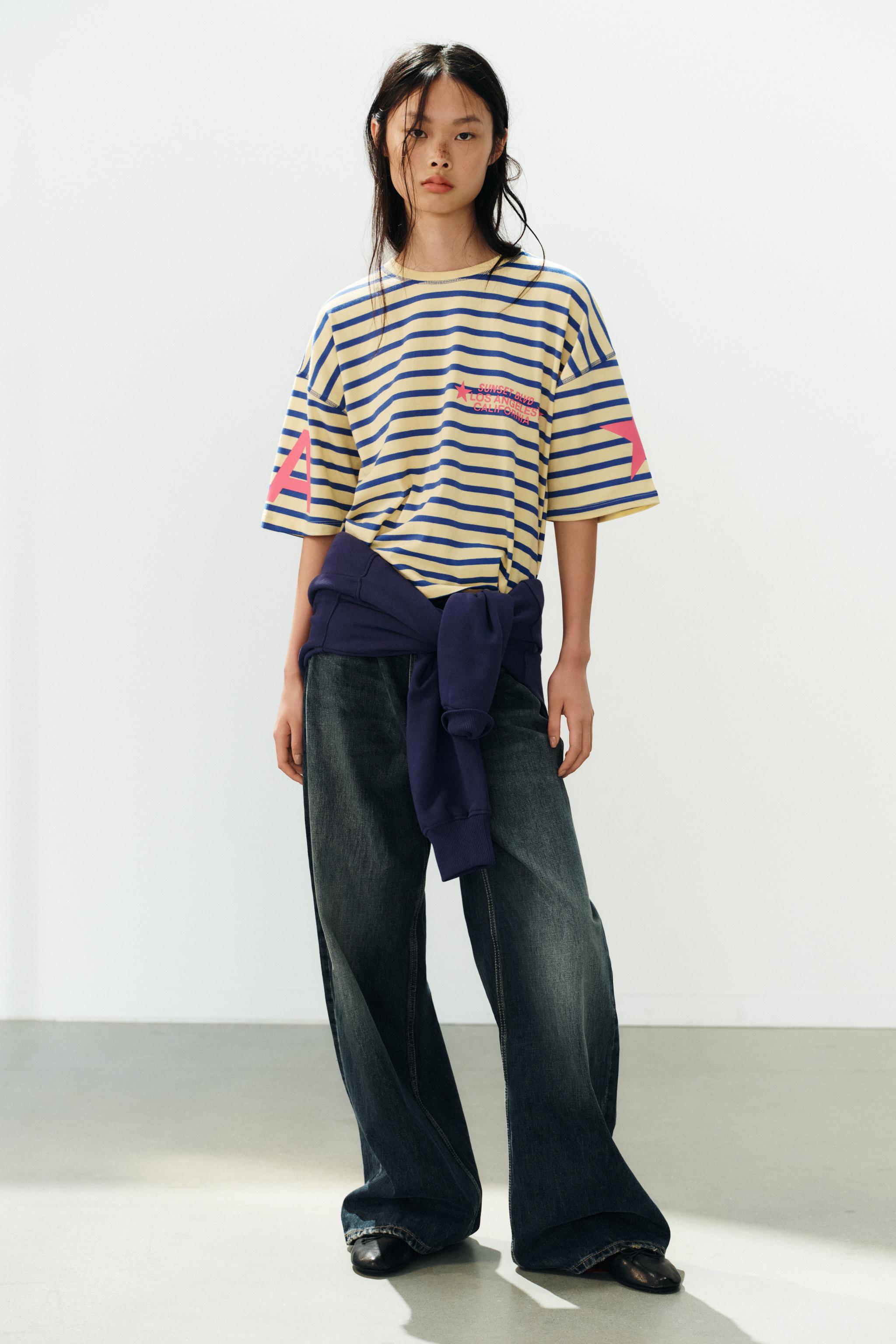 Zara ÇİZGİLİ VE YAZILI OVERSIZE T-SHIRT