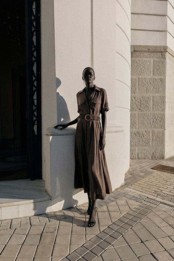 VESTIDO CAMISERO FLUIDO CINTURÓN - Marrón de Zara - Imagen 0