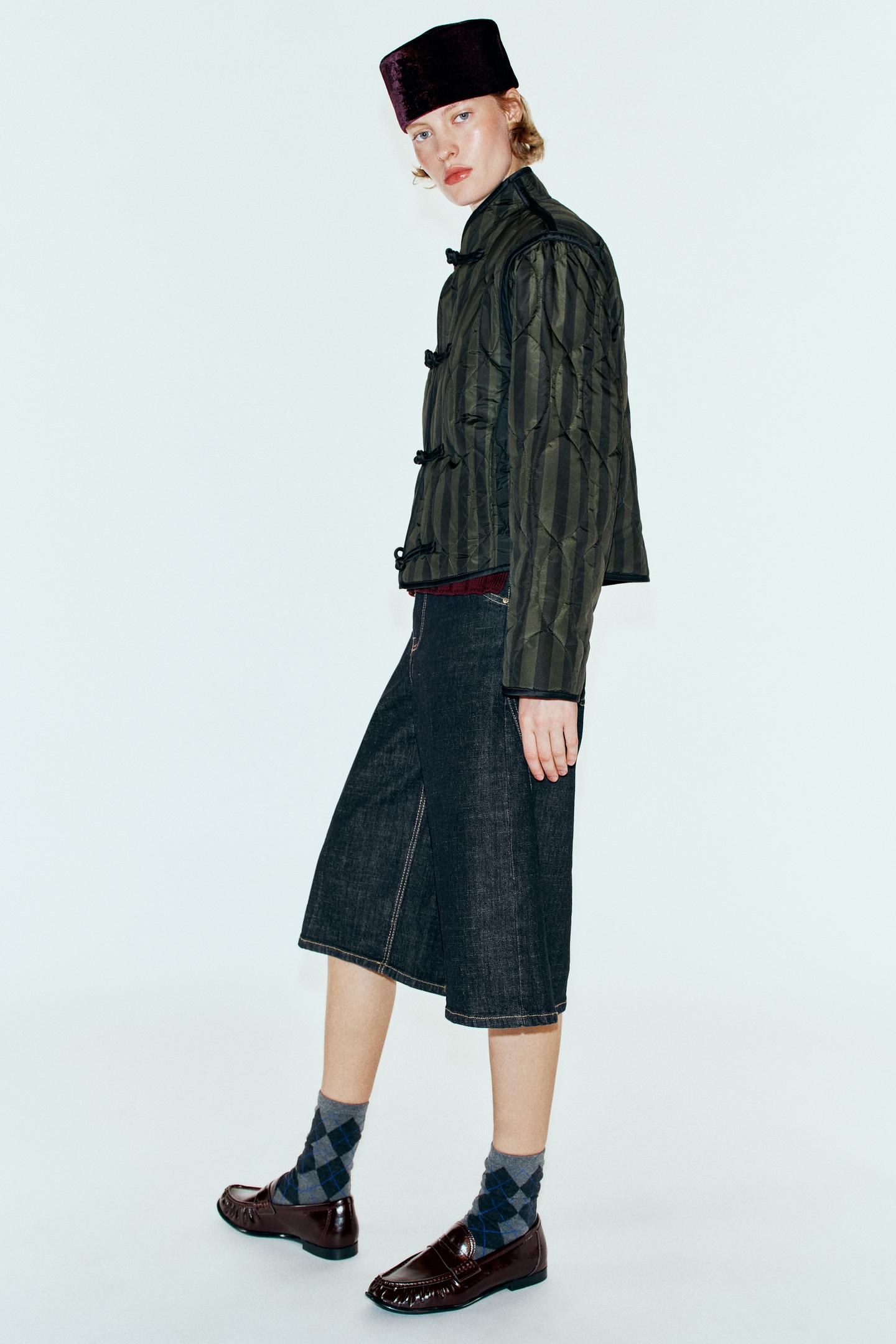 Женская куртка Zara Striped Quilted Jacket with Frog Fastenings, цвет: Тёмный хаки — фото 3