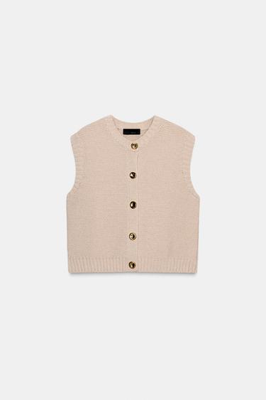 Zara KNIT BUTTON VEST - SAND/BROWN