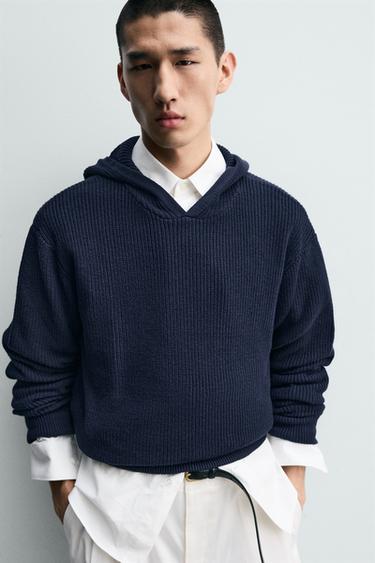 PULL EN COTON - LAINE À CAPUCHE - Bleu marine de Zara - Image 4