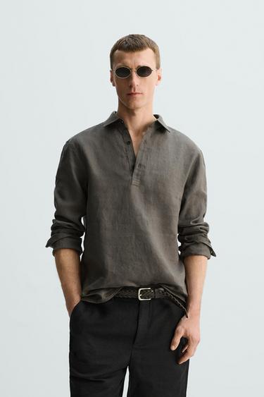 CAMISA POLO 100% LINO LIMITED EDITION - Marrón / Topo de Zara