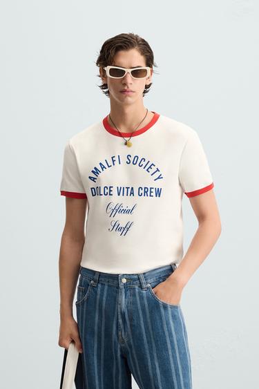 CAMISETA RIB CONTRASTE TEXTO - Branco da Zara