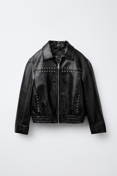 Zara STUDDED FAUX LEATHER JACKET - Black