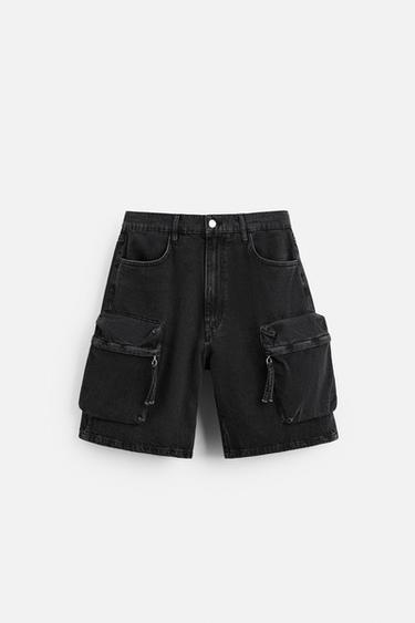 BERMUDA DENIM CARGO BOLSILLOS - Carbón de Zara