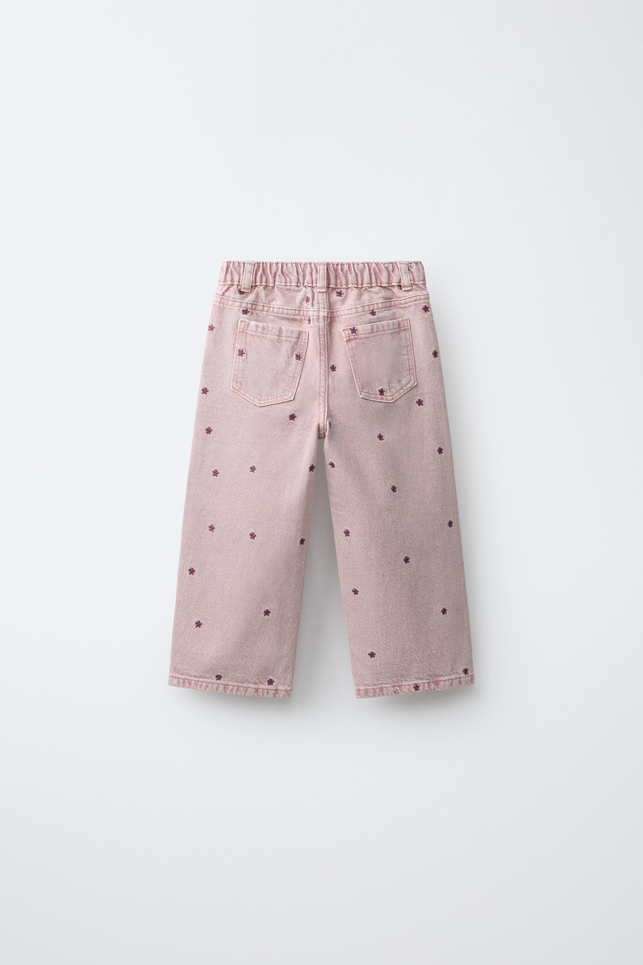 STAR EMBROIDERED WIDE LEG TWILL PANTS — Pink