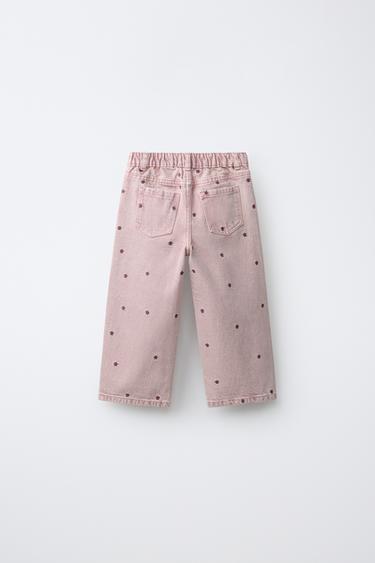 STAR EMBROIDERED WIDE LEG TWILL PANTS — Pink 2