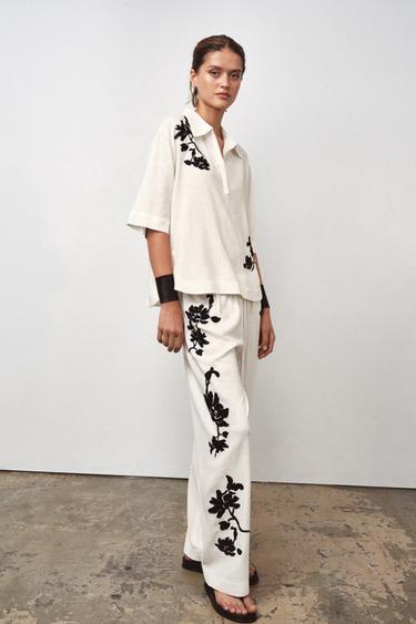CAMISA BORDADOS FLORES ZW COLLECTION - Branco / Preto da Zara