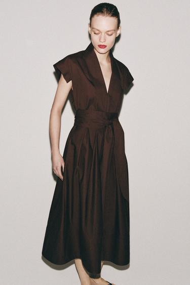 ZW COLLECTION POPLIN PLEATED DRESS - Brown by Zara