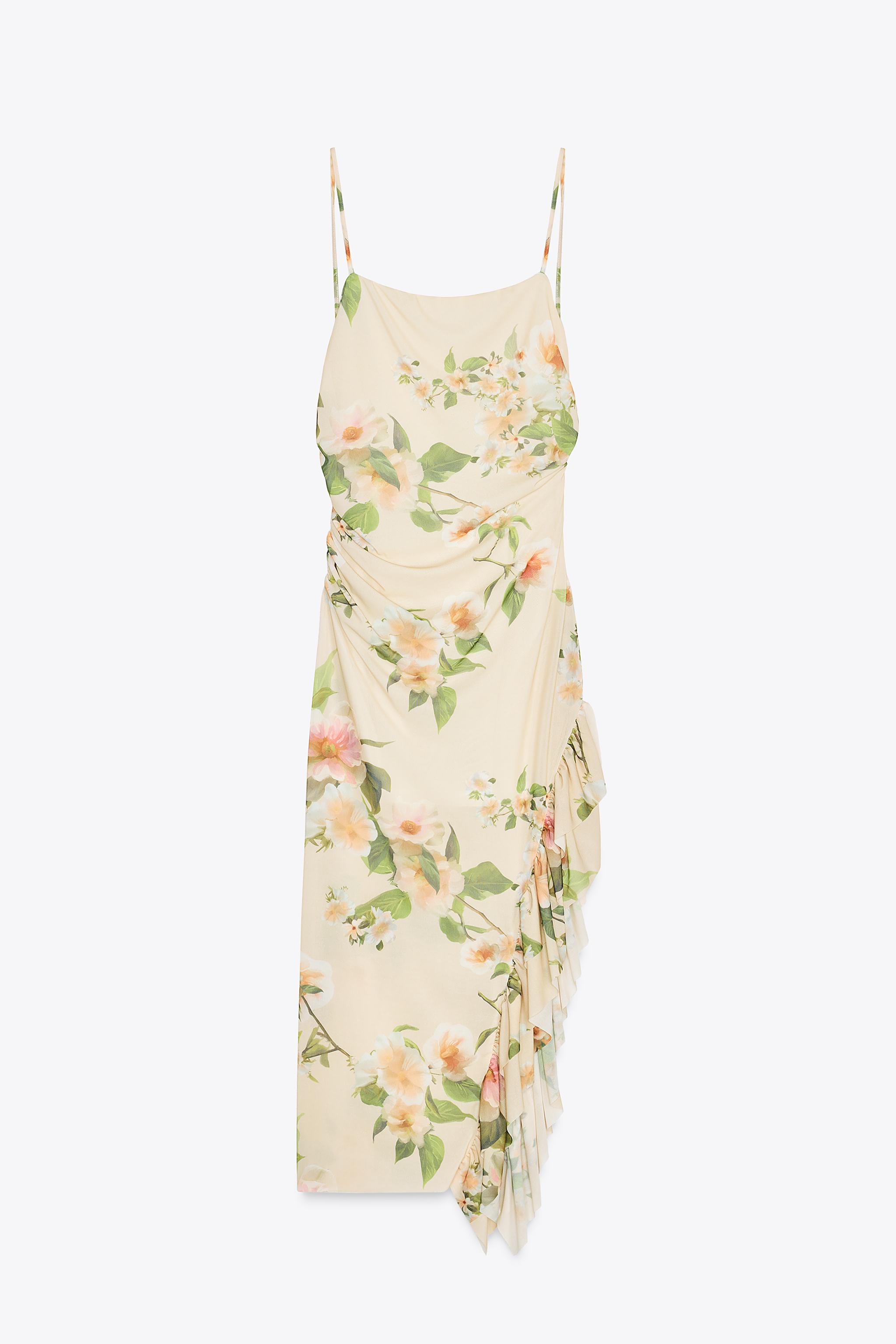 【ZARA】フリル付きプリント柄ワンピース サンド | 5644/165/711 FLORAL PRINT RUFFLED DRESS - Sand | ZARA United States