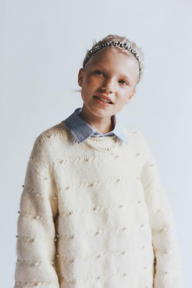 Zara KNIT SWEATER WITH PEARLS - White