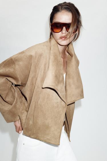 Zara FAUX SUEDE WRAP JACKET - Dark camel