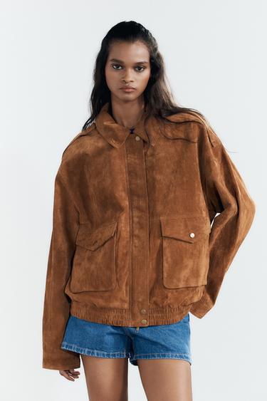 Zara 100% SUEDE BOMBER JACKET WITH POCKETS - Dark camel