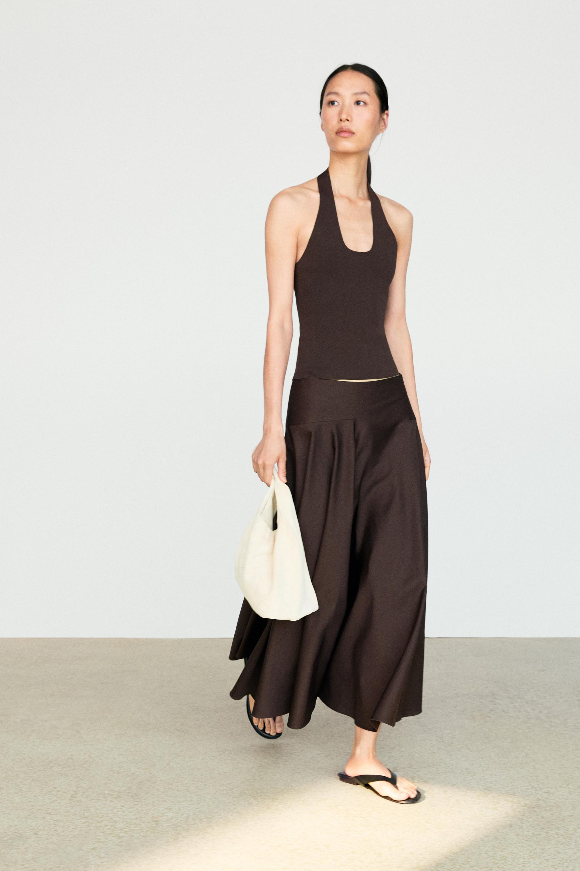 Flounce midi skirt with yoke detail — Brown
