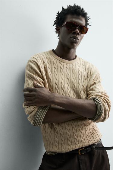 CABLE-KNIT COTTON BLEND JUMPER - Beige marl by Zara - Image 5