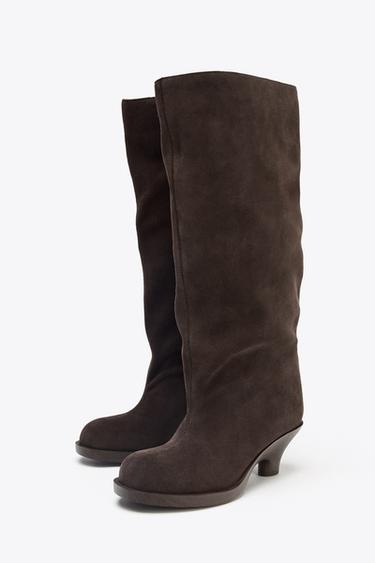 SPLIT SUEDE KITTEN HEEL BOOTS - Brown by Zara - Image 3