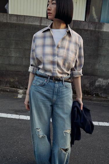 オーバーサイズチェックシャツ ポケット付きサンド/ブルーZaraのオーバーサイズチェックシャツ ポケット付き - サンド/ブルー 